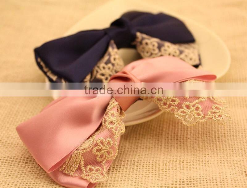Large three layered satin ribbon bow Clip,Gold Lace bow Flower