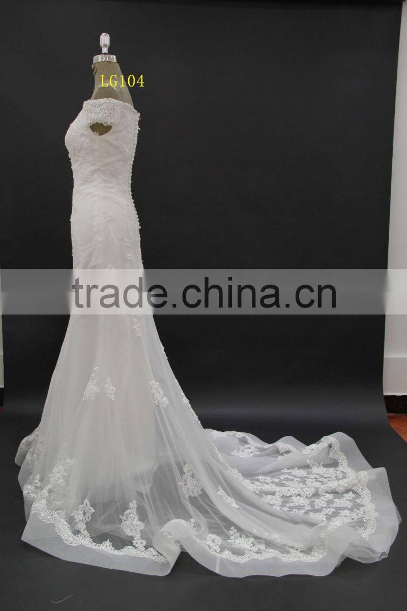 off-shoulder straight neckline horse tail at hem make ruffle effect sheath wedding dress