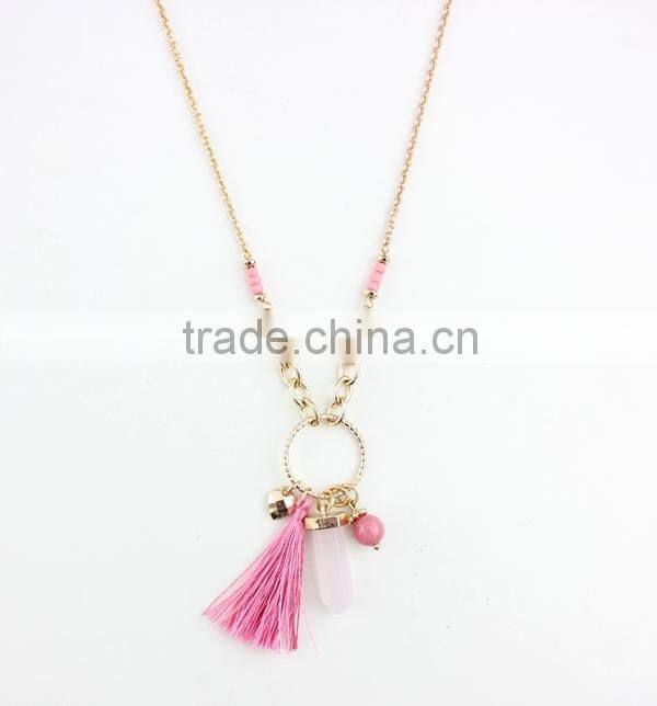 2015 Newest Long Tassel Pink Natural Stone Pendant Necklace