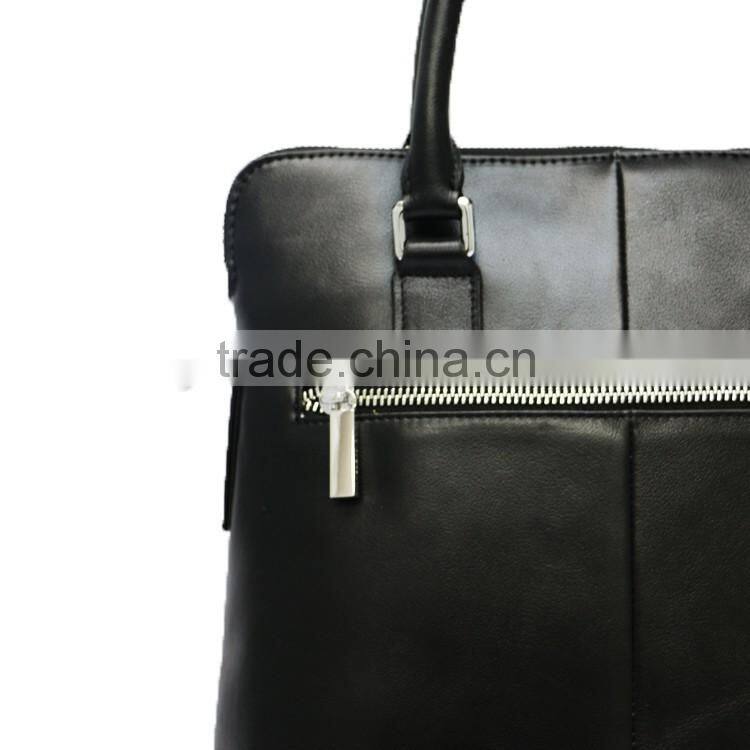 Special design men's black first layer lambskin leather multifunctional zipper briefcase