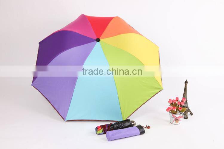 3 fold black gel coated colorful lady Parasol Umbrella, pagoda rainbow umbrella