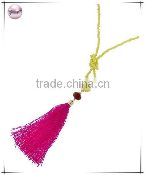 Gold Tone Yellow Acrylic Bead & Pink ThreadTassel Pendant Necklace