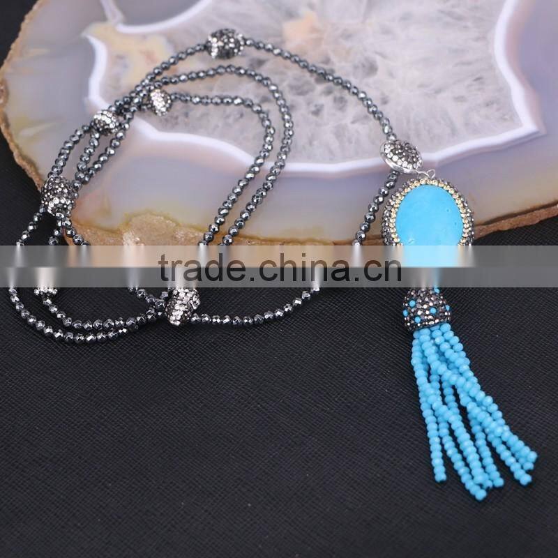 Natural Turquoise Stone with Glass Tassel Jewelry Pendant Necklace, Pave Crystal Beads Hematite Beaded Necklace
