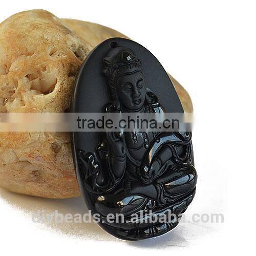 55x35mm black carved Avalokitesvara obsidian pendant