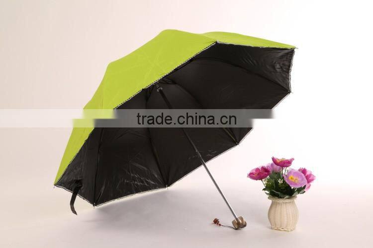 sun umbrella black coated with UV protect 3 folding umbrella made by chinese umbrella manufacturer