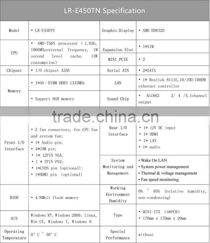 Emini/Realan New Mini Motherboard LR-E450TN AMD-T56N Dual-core 1.65GHz Graphics HD6320 8GB 4COM,Perfect Matching Your Mini Cases