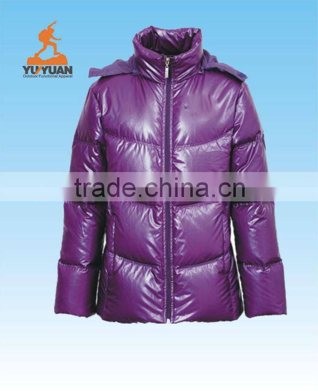 Womens purple color shiny down jacket made in nylon