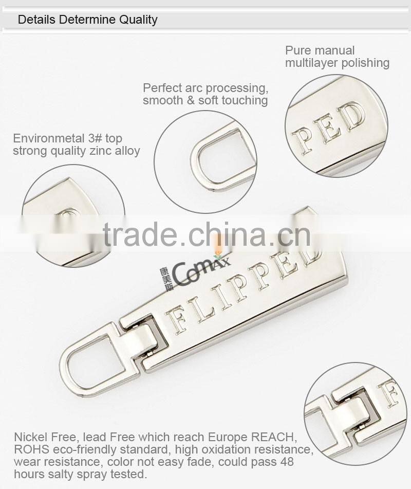 Fancy Custom Logo Curved Metal Zipper Ends Puller For bag Accessories