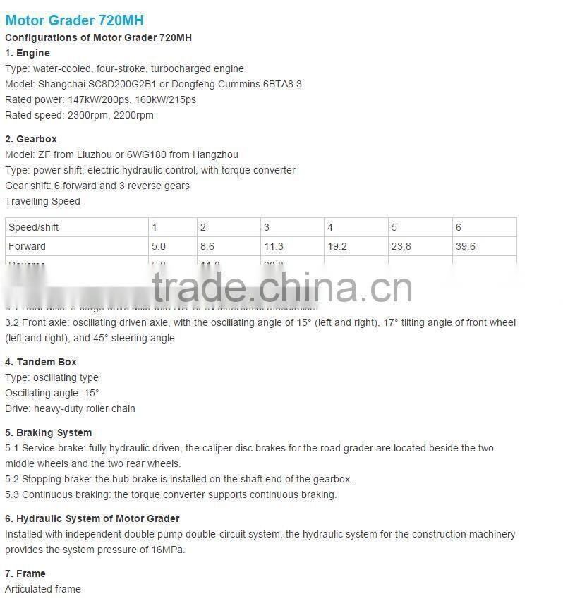 220HP motor grader new 720MH Changlin brand for sale