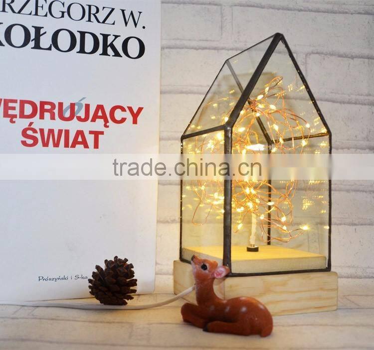 Decorative Glass House Design Night Light, Wooden DIY Fireworks Silver Flower Beautiful Bedding Room Warm Light
