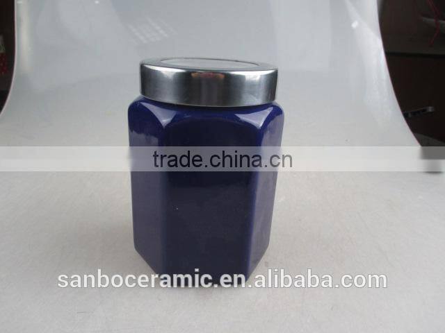 Ceramic Tea Coffee Sugar Containers with Plastic Lid, Deep Blue Glazed