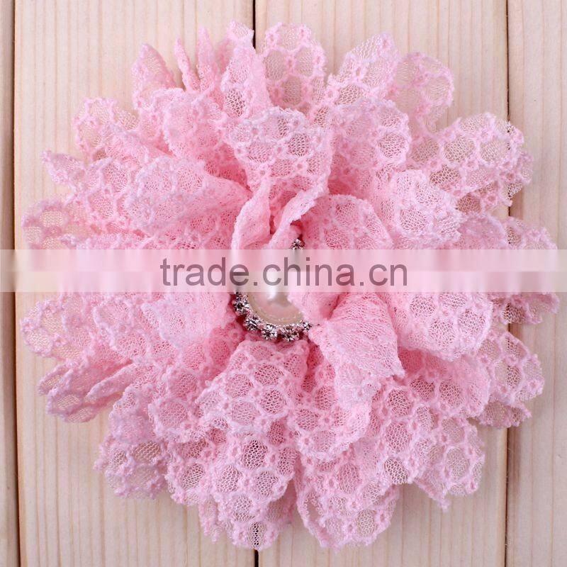 fabric flower with pearl beads center for kids hair accessories