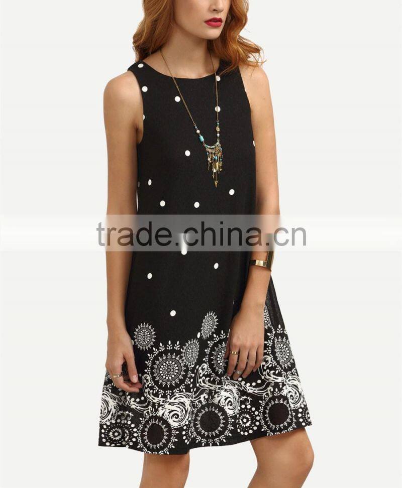 Casual Dresses For Women 2016 Summer Ladies Black Polka Dot Print Sleeveless Round Neck Short Shift Dress
