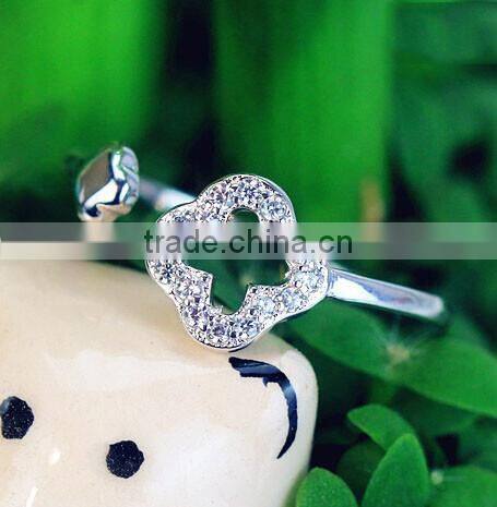 Spritual charm accessory Lucky Clover design top zircon diamond sterling 925 silver open ring