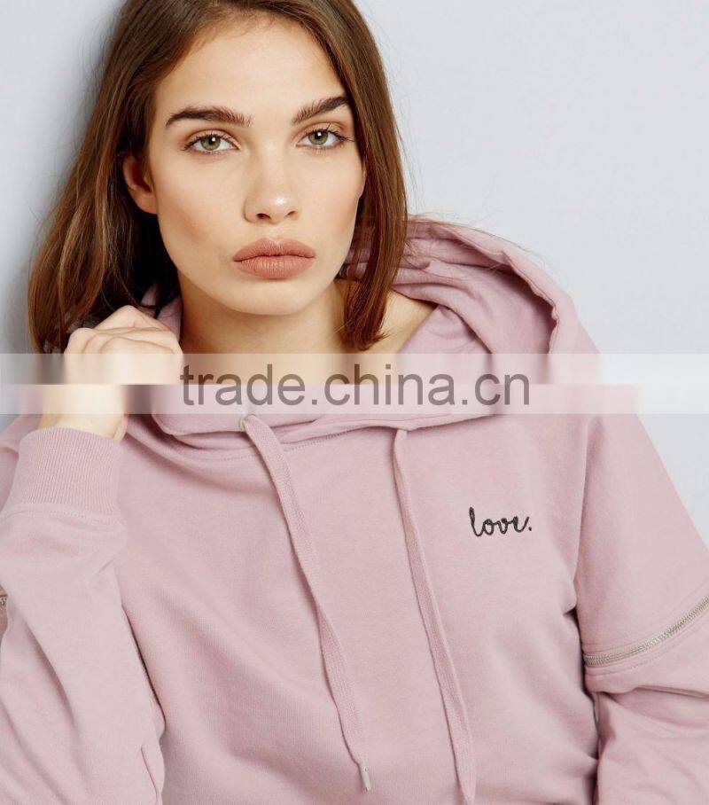 Hot Sale Custom Pink Color Oversized Zip Sleeves Hoodies Embroidered Mink Love Logo With High Quality