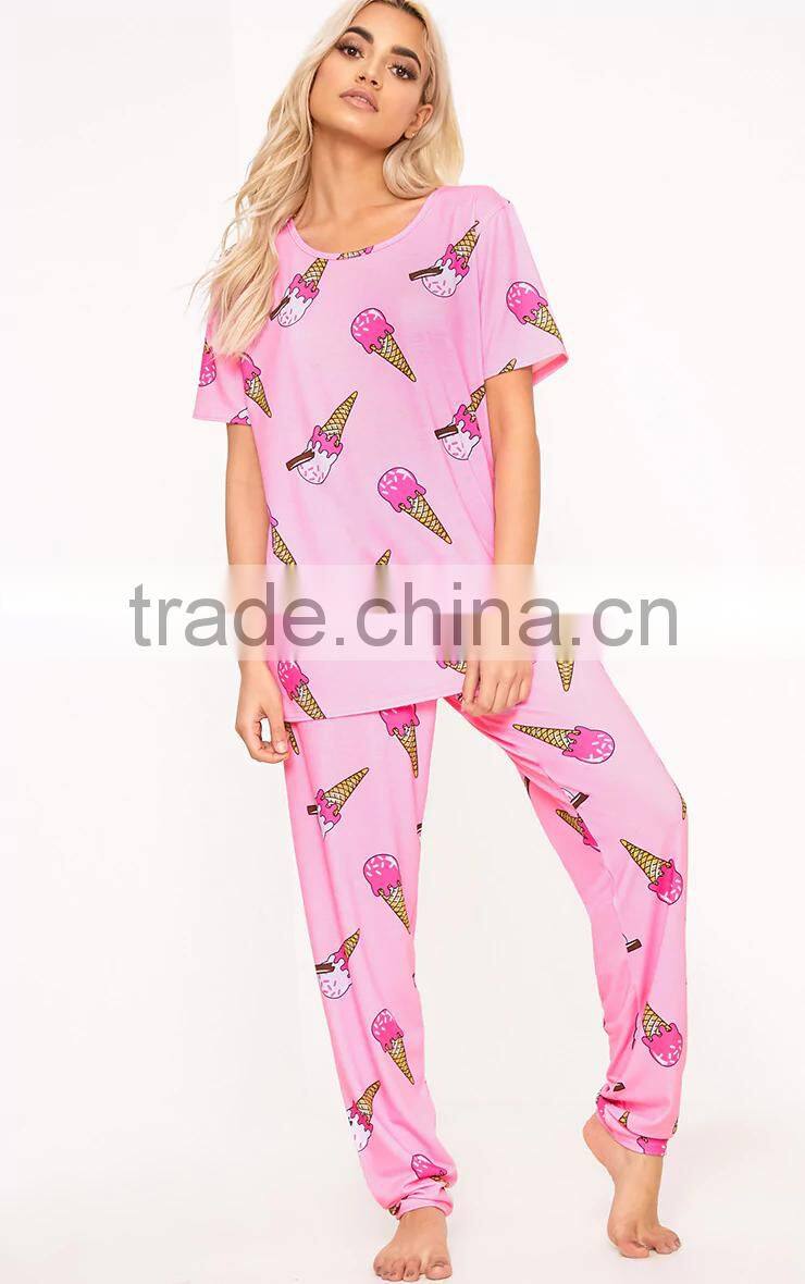 Custom Full Print Women Long PJ Set All Over Print Ladies Sleepwear Pink Ice-cream Print Pajamas Set