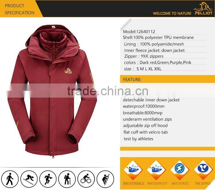 2017 new custom cheap casual 3 in 1 waterproof and windproof outdoor jacket with inner down padding jacket