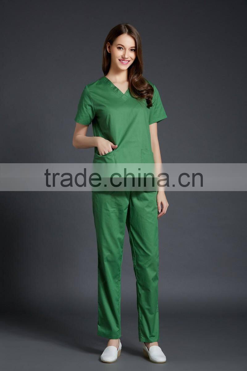 2016 Juqian custom high end V neck green usually Hospital Nursing Scrubs Nursing Uniforms