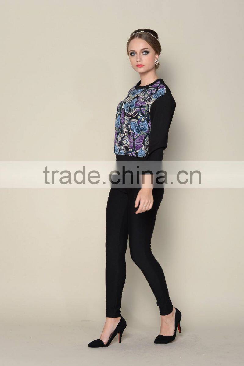 latest black long sleeve floral printing women designer blouse patterns