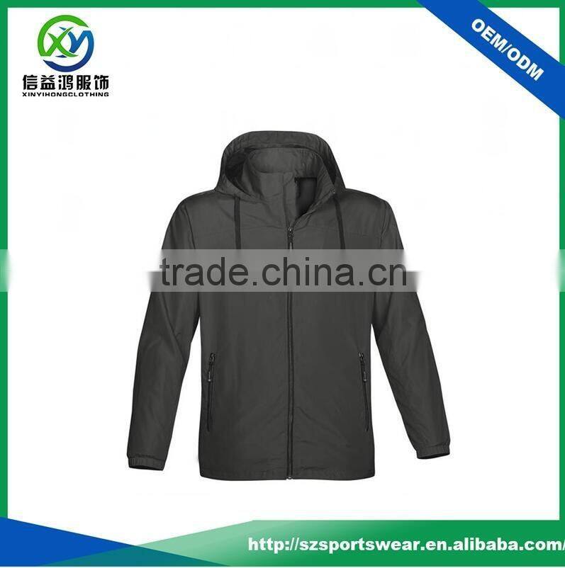 Simple design black zip windproof men outdoor sport jacket with hood