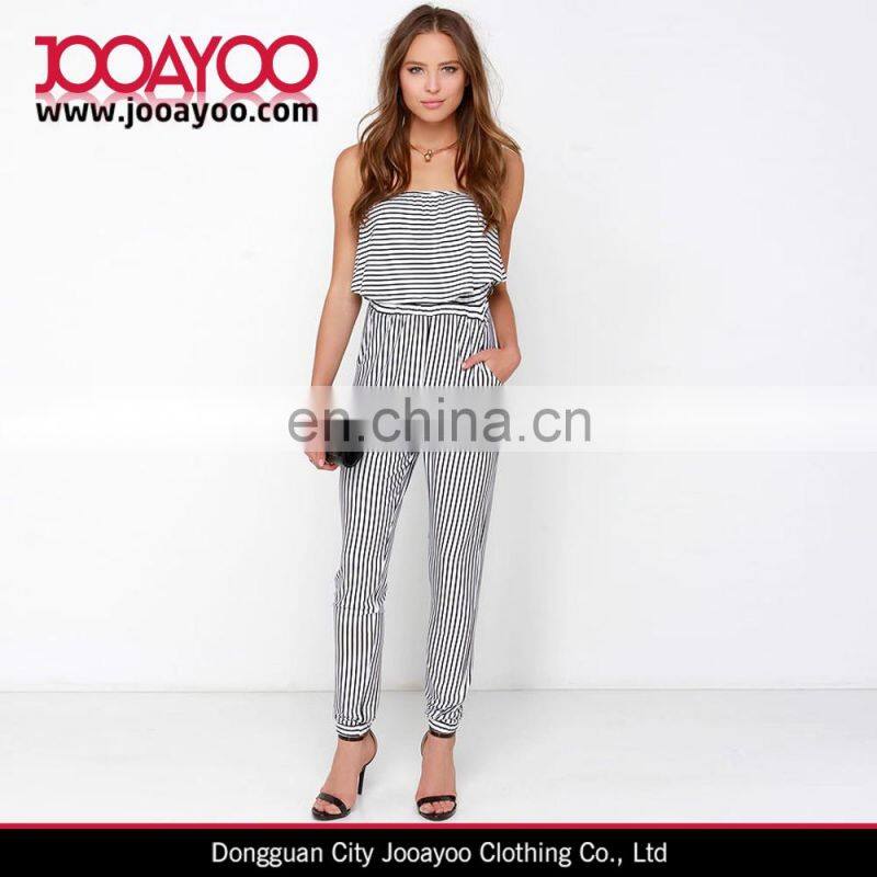 Black and White Striped Strapless Jumpsuit with Long Relaxed Pant Legs