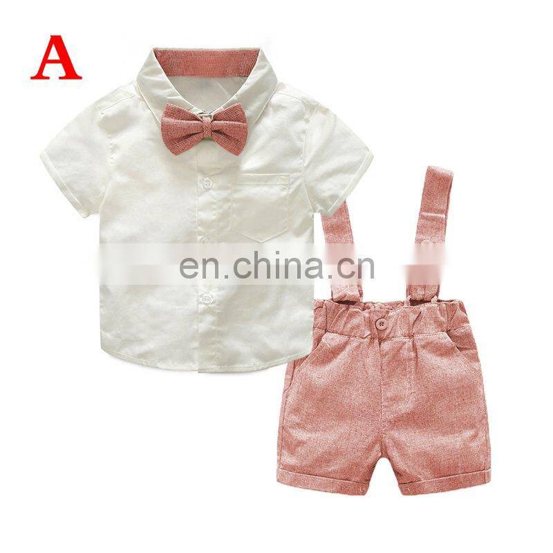 2019 SUMMER KIDS gentleman bowknot blouse with suspender shorts 3PC SET newborn baby clothing sets