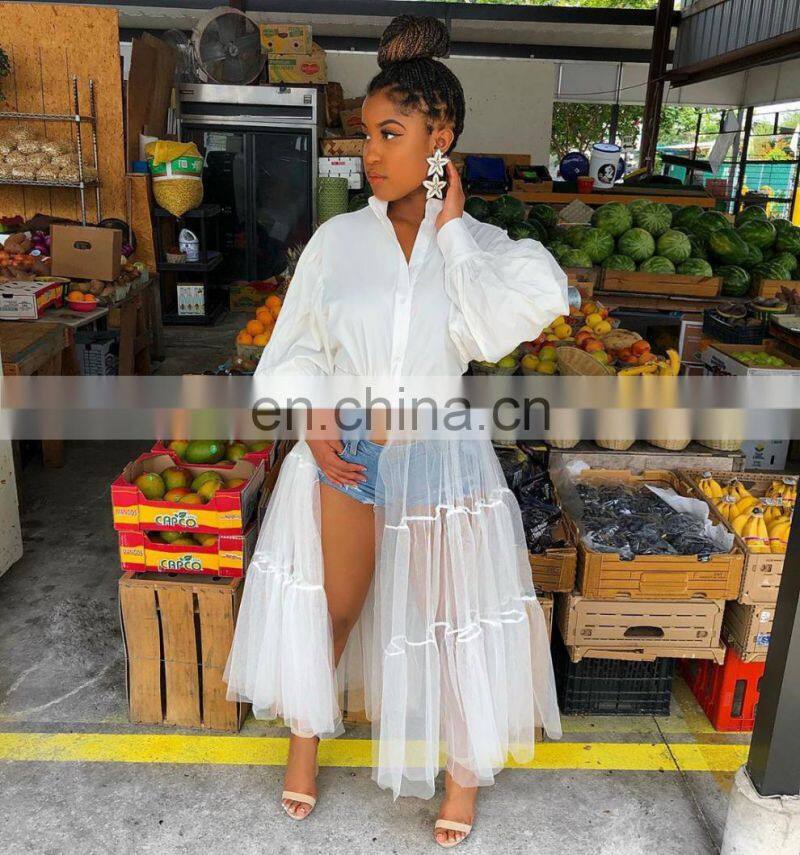 (Belt not included) Customized new women's fashion big size nightclub mesh translucent stitching long sleeve dress