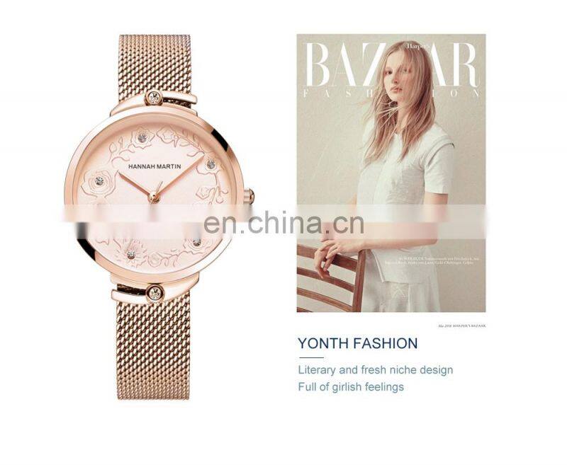 Hannah Martin 119 New Hot Sale Women Watch Rhinestone Embossed Rose Gold Mesh Belt Japanese Movement Waterproof Quartz Watch