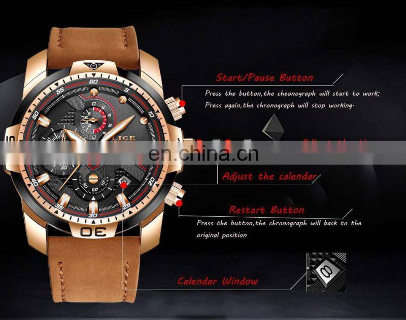 LIGE 9923 Mens Quartz Watch Multifunction Chronograph Fashion Waterproof Leather watch men luxury