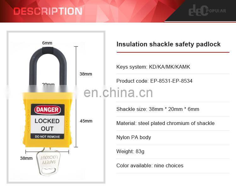 38mm Nylon Plastic key master padlock Shackle Colorful Industrial Loto safety padlock