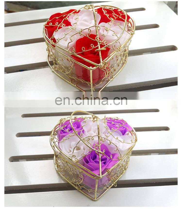 6pcs Soap Rose Flowers Gift Box Iron Basket Small Bouquets Gift Box Heart Shape Christmas Wedding Party Valentine's Day Gifts