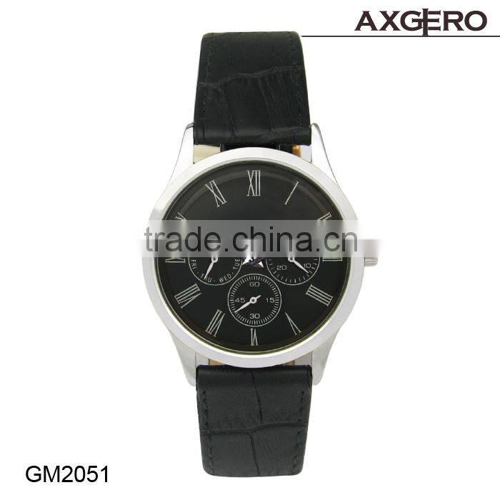Good quality alloy case black leather watch Axgero brand mens watches