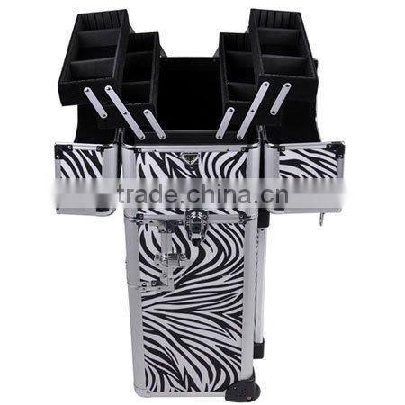 2in1 Zebra Aluminum Makeup Cosmetic Train Rolling Case Hair Style Lockable Box