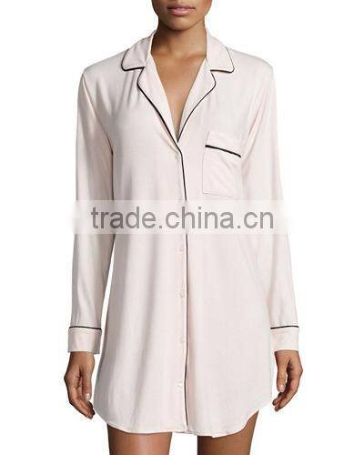 Wholesale cheap ladies long sleeves modal jersey nightshirt with tonal piping and patch pocket shirttail hem