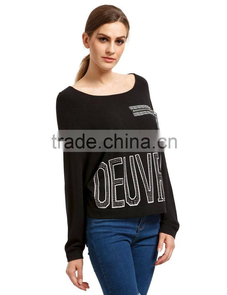 New arrival black loose style batwing sleeve rhinestones sweater