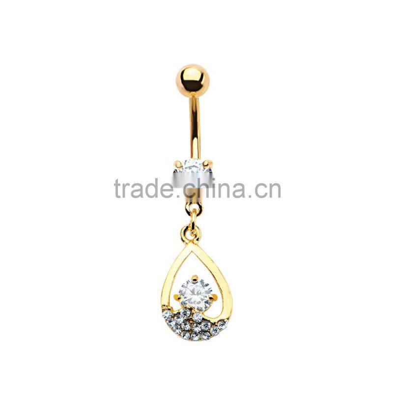 Gold Plated Navel With Clear Multi CZ Teardrop Dangle Belly Ring