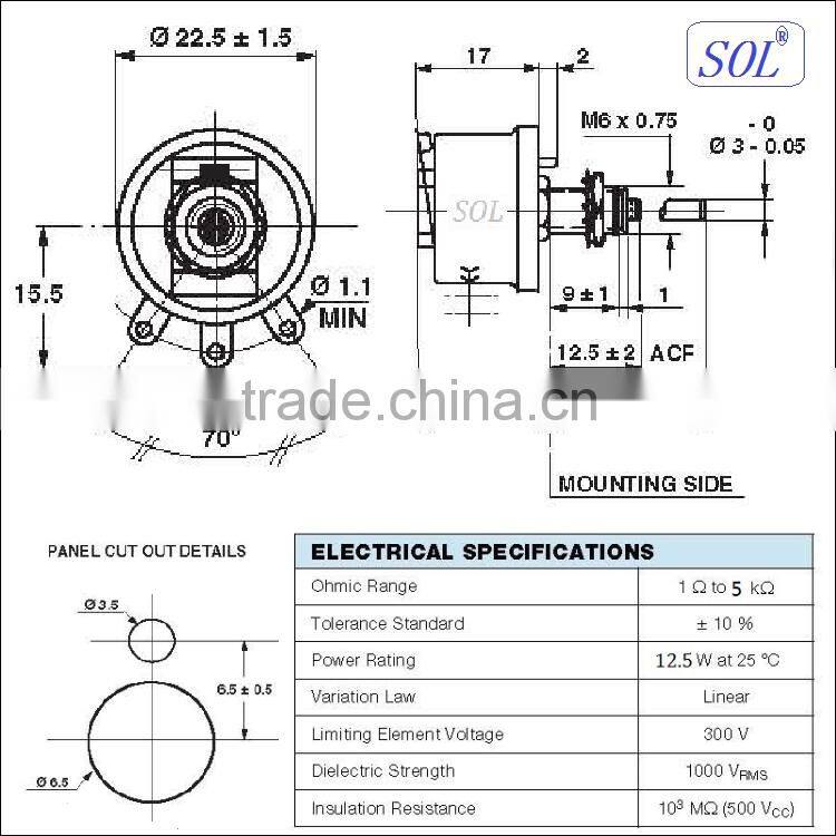 SOL-12W-300W vishay rheostat 50W theostat variable reactance attenuator wirewound potentiometer Rheostat resistor - BC1