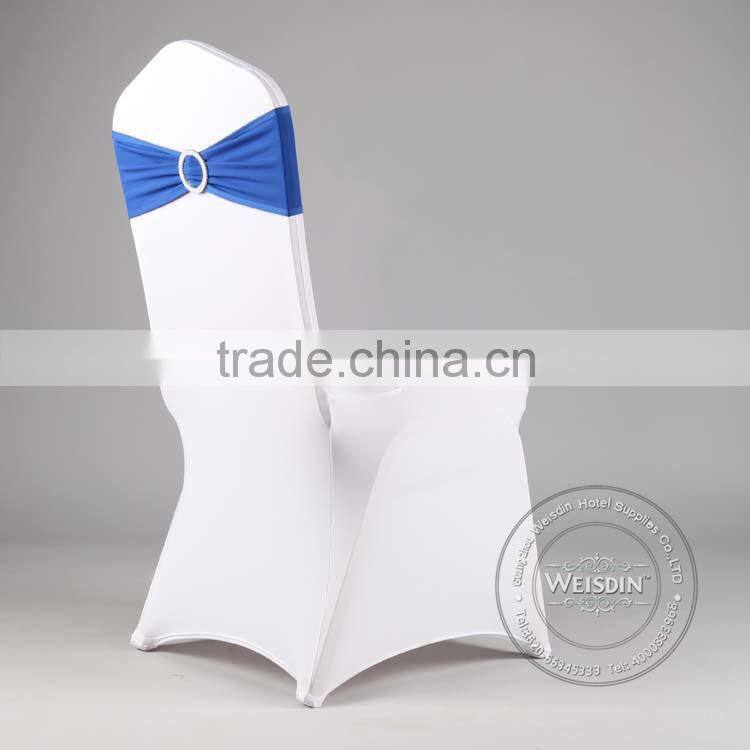 Top quality shirred lycra spandex chair cover with diamond buckle wholesale wedding chair cover with plume sash