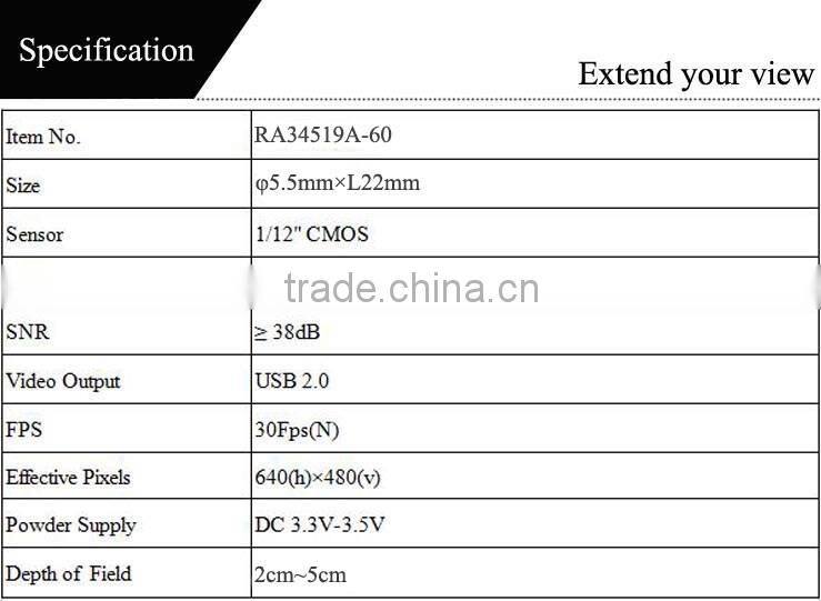 Factory supply 2cm~5cm focusing length 60 degree view angle 5.5mm usb camera mdoule with waterproof case