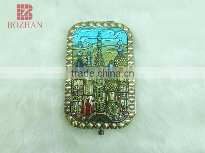 Metal souvenir brass castle rhinestone mirror/antique castle makeup mirror