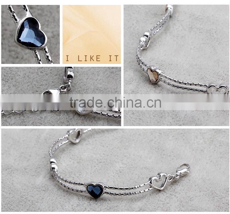 OUXI Concise Style heart shaped Silver&Blue crystal chain bracelet Y50005
