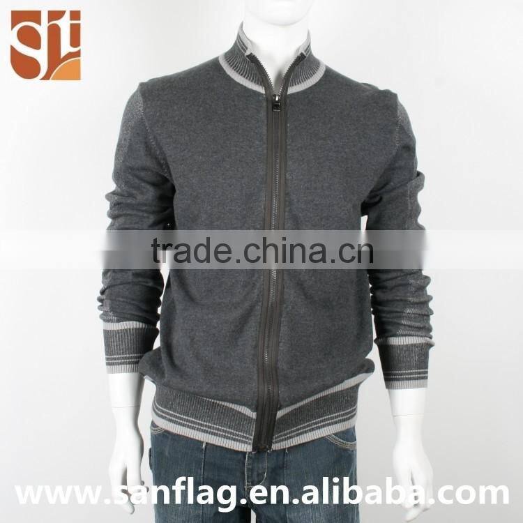 New style men high neck long sleeve cardigan with zipper stripe grey knitted sweater from dongguan sanflag