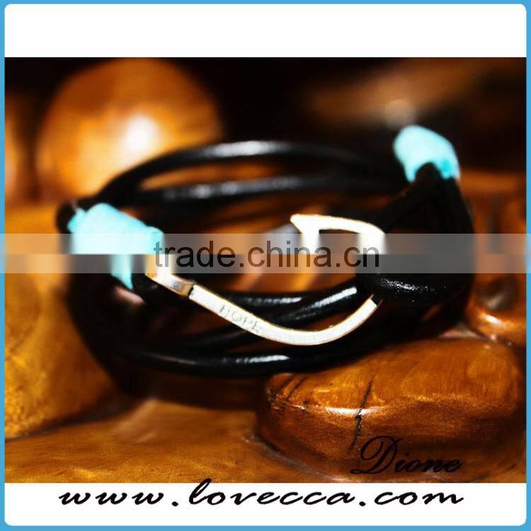 Handmade Mens Genuine Braided Leather Hook Anchor Bracelet