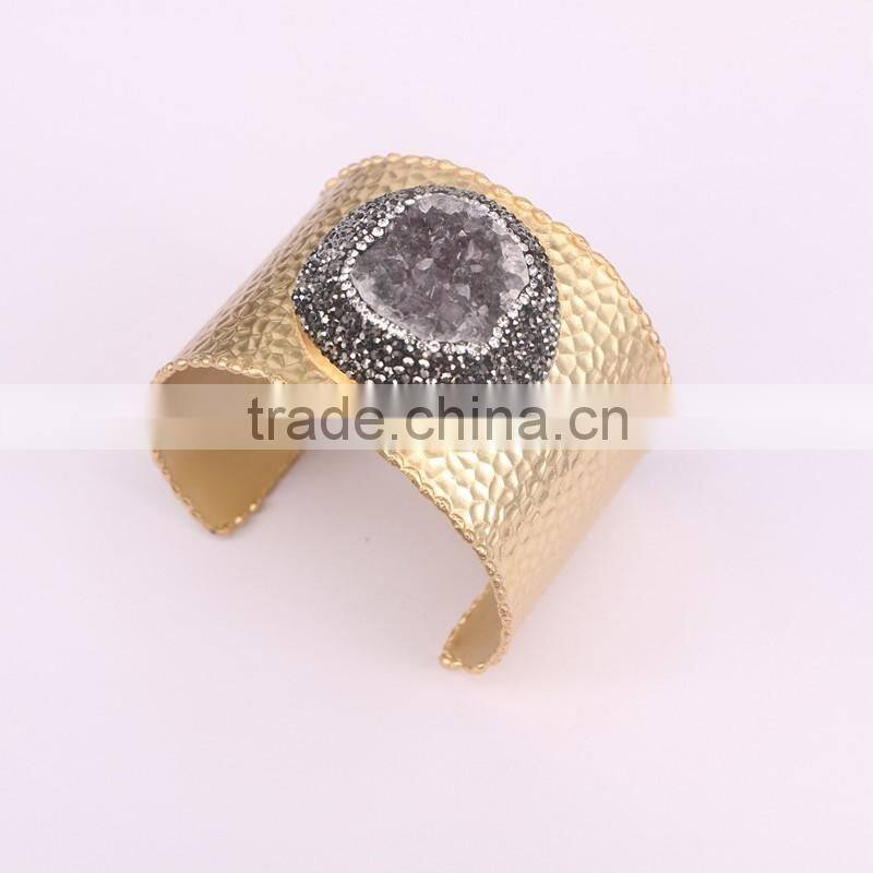 Gold Electroplated Brass Bangles, Natural Agate Quartz Stone Druzy Bangles in Adjustable Size