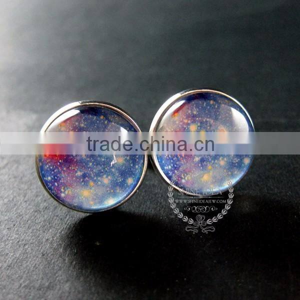 20mm silver plated blue galaxy universe art collage round glass cabochon fashion cufflinks wedding cuff link gift 6600057