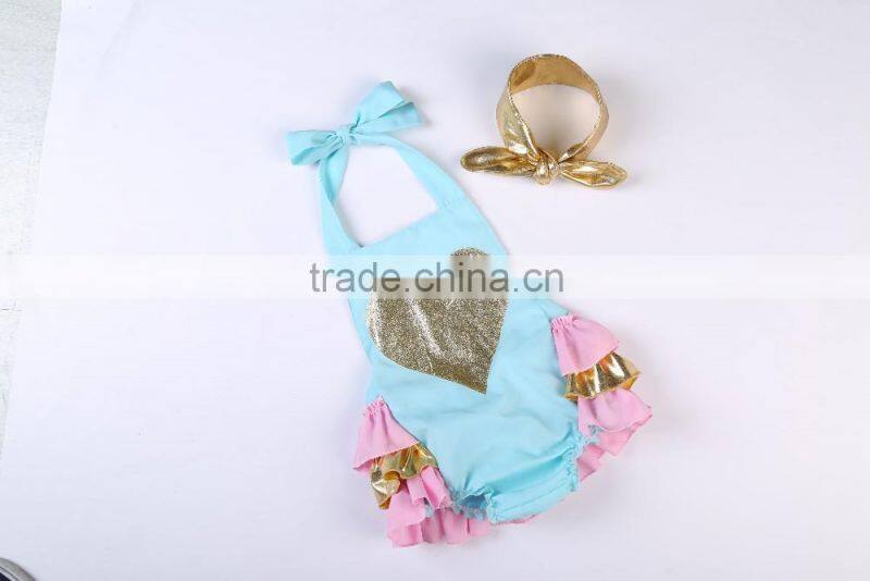2016 Hot selling ruffle rompers set baby sparkle heart bubble romper with headhand boutique kids summer clothes jumpsuit