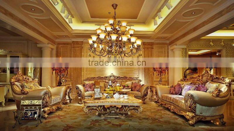 Royal Place Gold Leaf Finished Full Solid Wood Carving Bed, Arabic Golden Style Bedroom Furniture(MOQ=1 SET)
