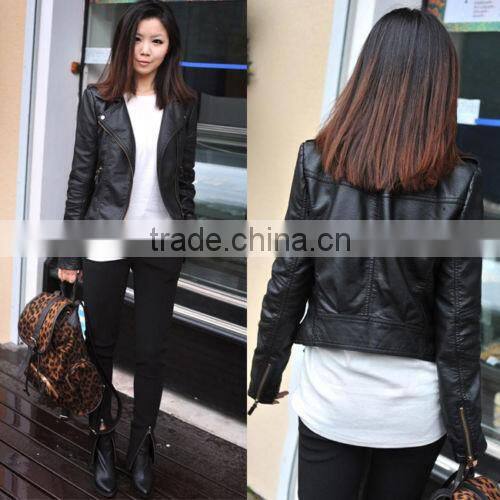 Womens Slim Biker Motorcycle PU Soft Leather Zipper Jacket Coat