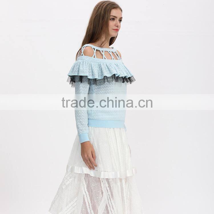 Lady fashion cutting long peasant sleeve blouse design