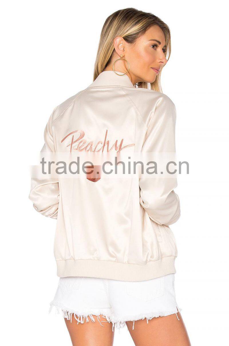 2017 MGOO Customize Satin Bomber Jacket Peachy Embroidery Windbreaker Sports Jacket For Women Clothing Manufacturing